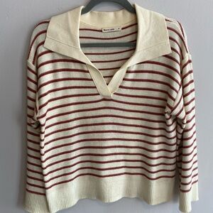 Marine Layer Cream and Red Striped V-Neck Sweater